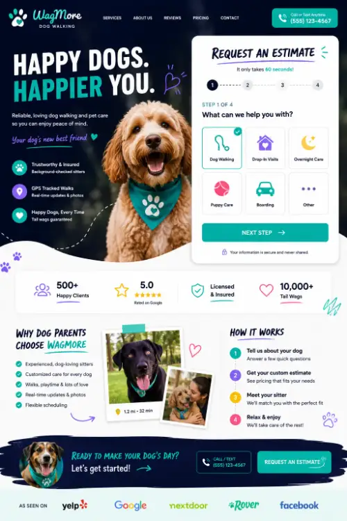 Example of a lead capture website built for a local pet care business